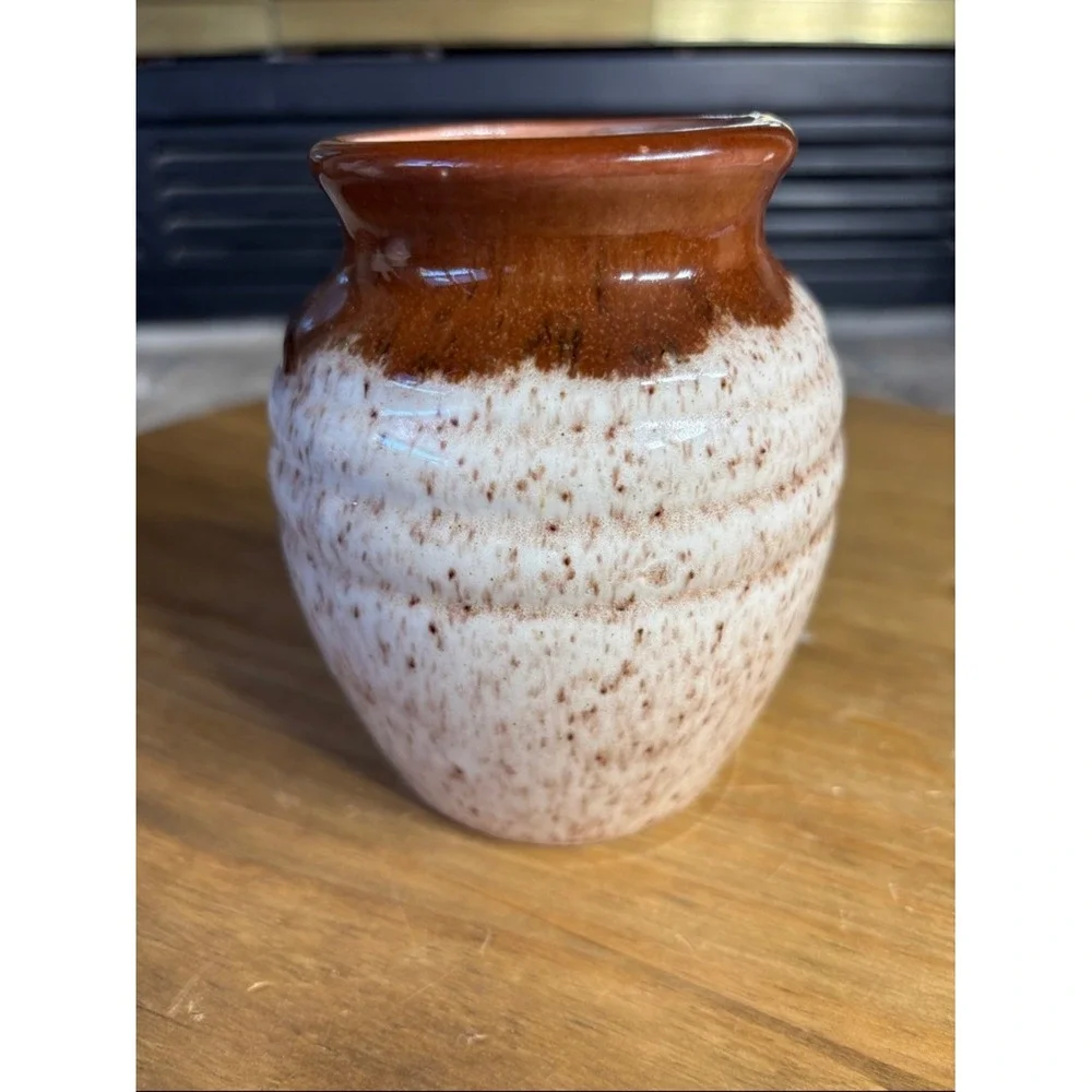 Vintage Handcrafted Speckled Ceramic Vase‎ Cream & Brown Rustic MCM 4.75